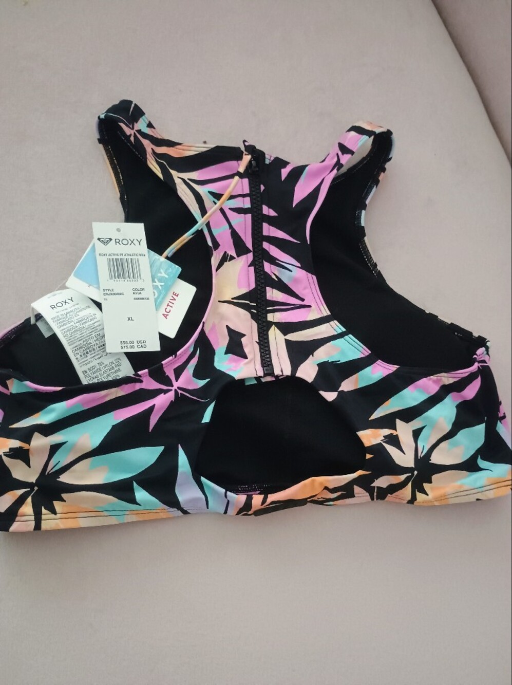 Roxy High Neck Tropical Print Swim Top - Pink/Black - Picture 3 of 5